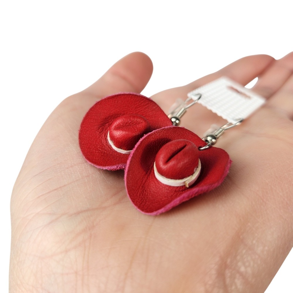 Red Mini Cowboy Hat Dangle Earrings Western Style Womens Boho Cowgirl Rodeo